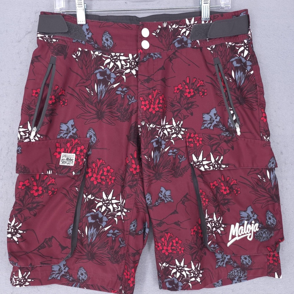 Maloja Cycling Cargo Shorts Mens Medium Red Floral Adjustable Waist Pockets